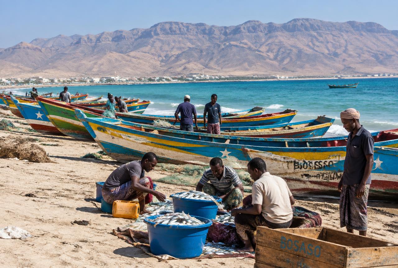 Painted wooden fishing boats on a beach near Bosaso as fishers sort the catch