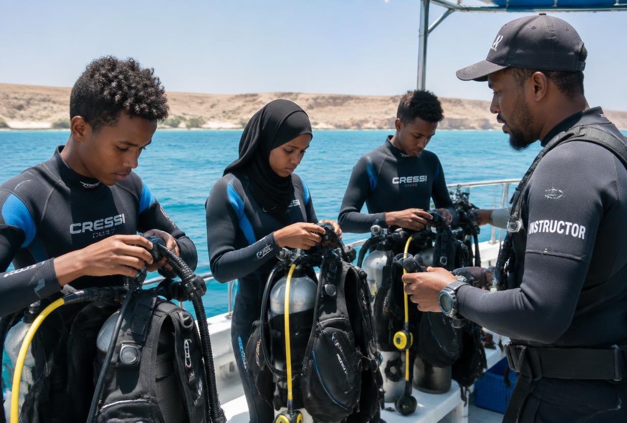 Young Somali dive trainees preparing scuba equipment with an instructor on a boat