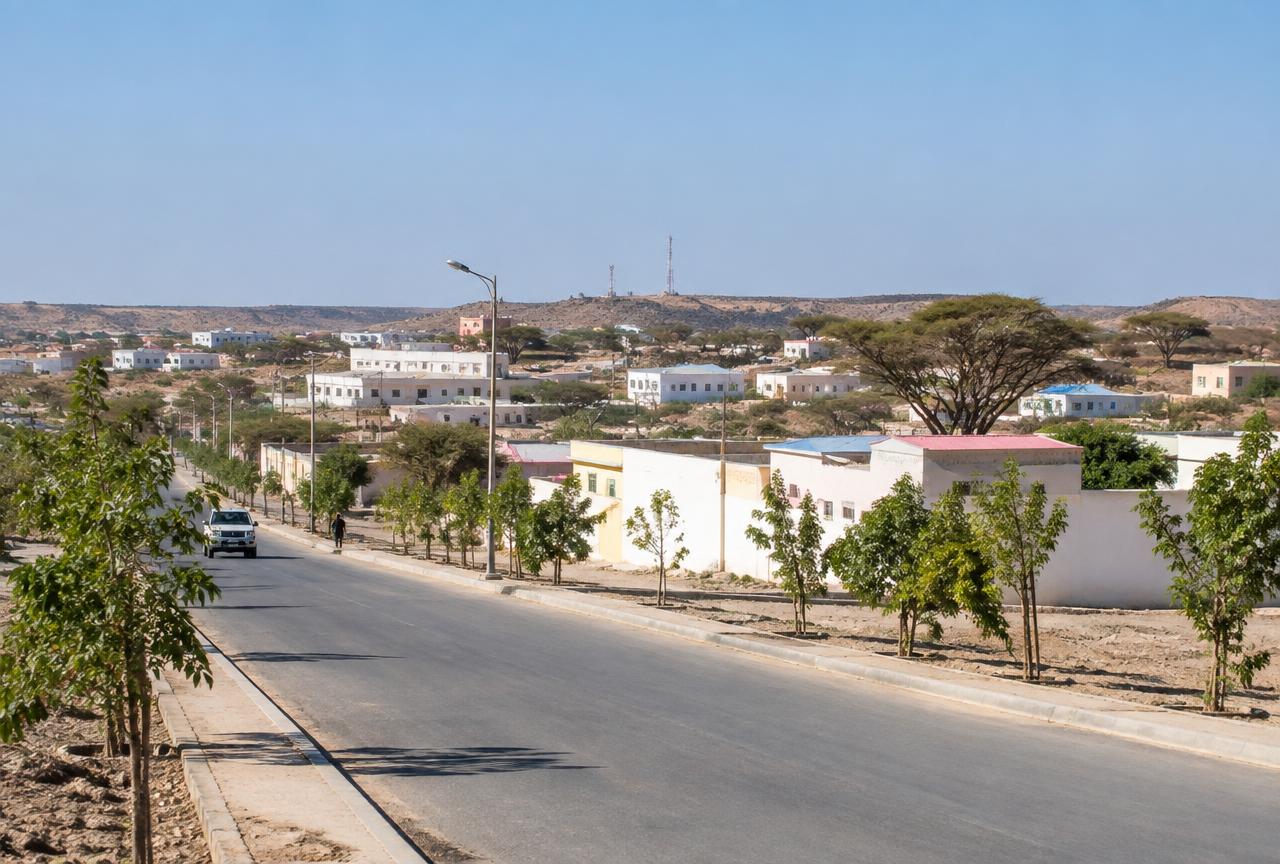 A street in Garowe lined with newly planted young trees