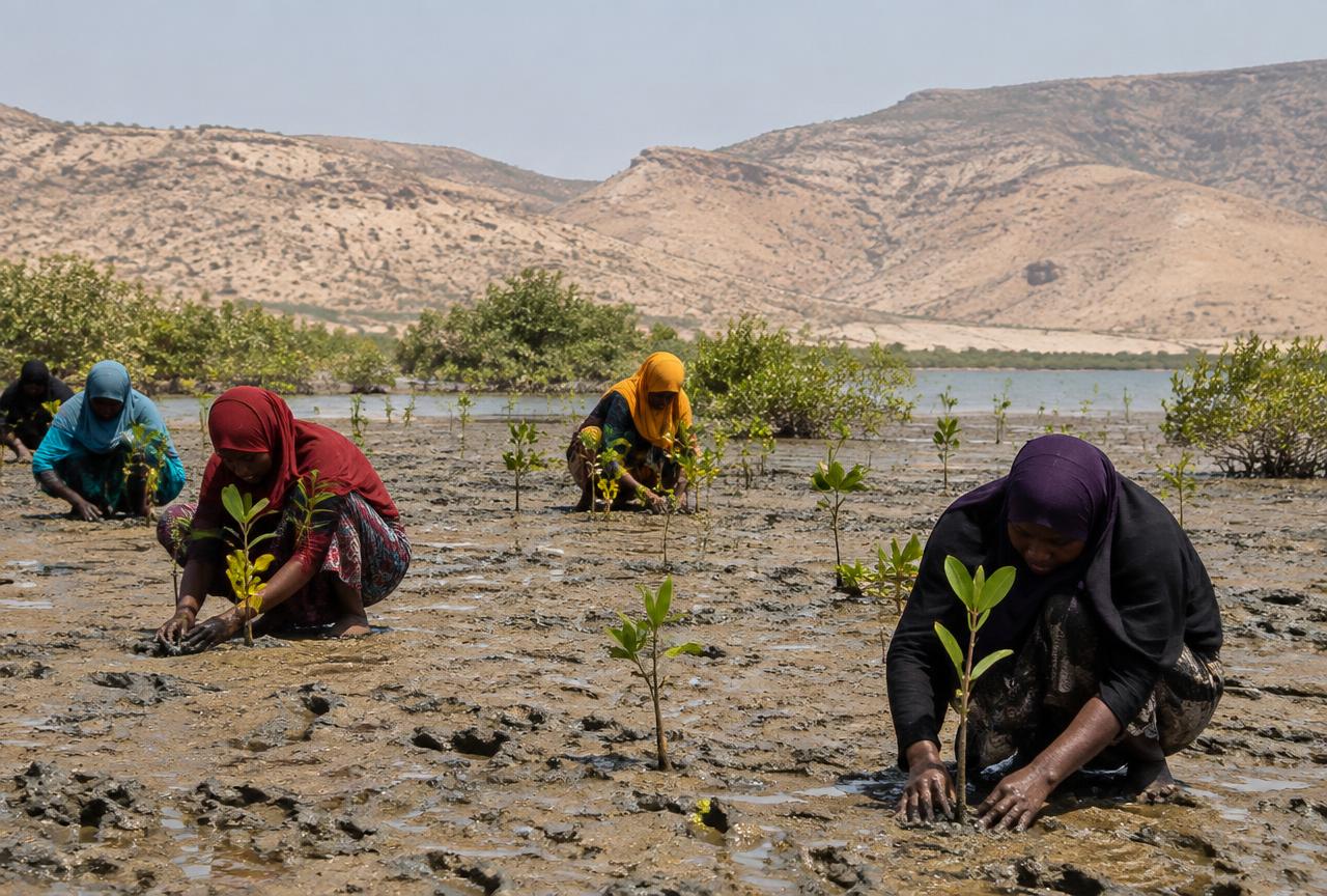Somali women planting mangrove seedlings in tidal mud, with dry hills behind
